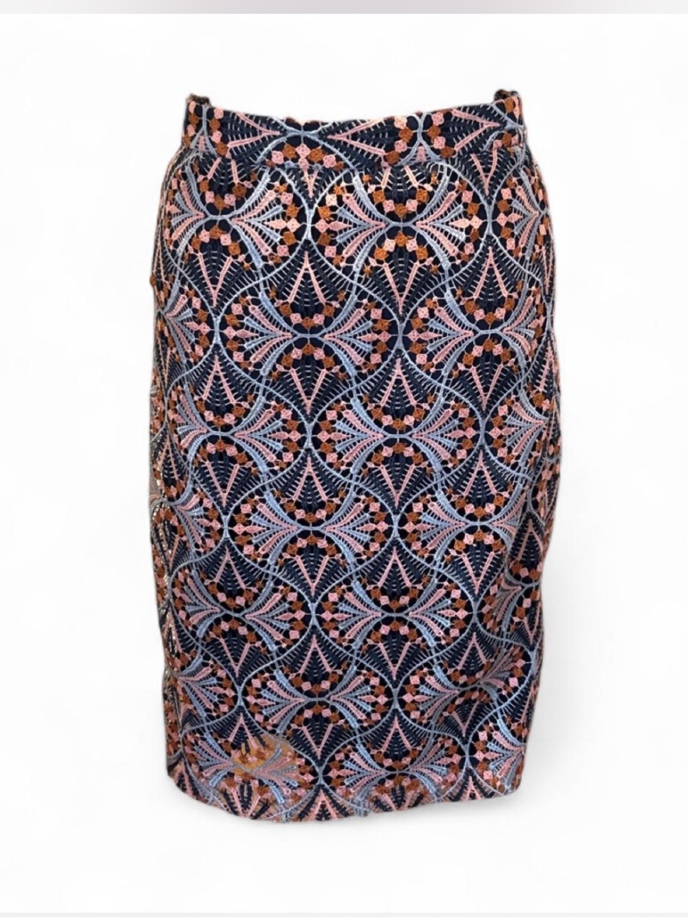 Moulinette Soeurs Navy, Peach and Light Blue Geometric Pencil Skirt